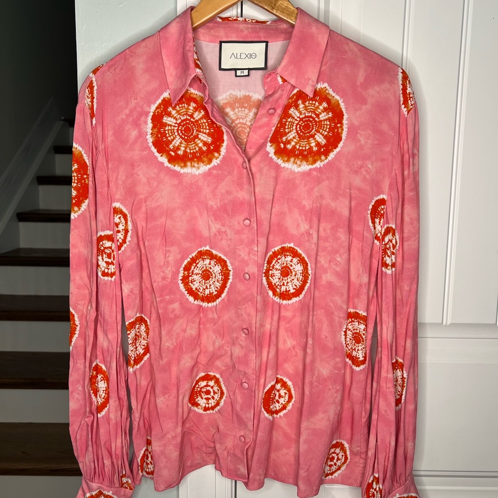 Alexis Pink Orange Tie Dye Blouse Medium Long Sleeve Button Down Top